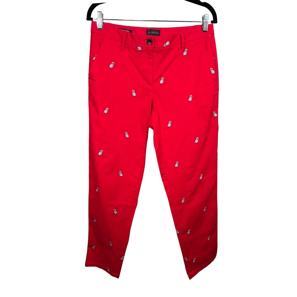 Talbots Relaxed Chino Pants Women's 2 Red Embroidered French Bulldog Dog